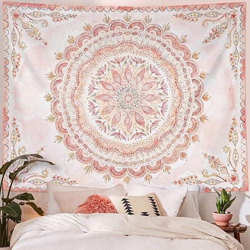 Fowocu Boho Floral Mandala Tapestry Wall Hanging Pink Bohemian Flower Medallion Tapestry Aesthetic Watercolor Hippie Indian Large Tapestries for Bedroom Living Room Dorm Decor 80 x 60 Inch thumbnail 2