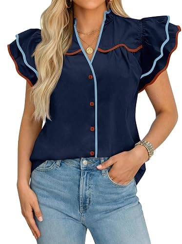 Tankaneo Womens Ruffle Short Sleeve Blouse V Neck Button Down Shirts Color Block Trendy Casual Tops - Image 1