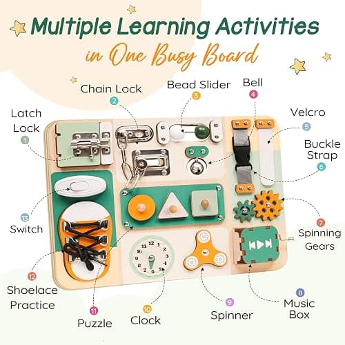 KALOTOYS Montessori Busy Board for Baby & Toddlers 1-3 | Wooden Sensory Activity Board with 13 Activities, Real Metal Locks & Latches | Fine Motor Skills Educational Toy for 1 2 3 Year Old thumbnail 4