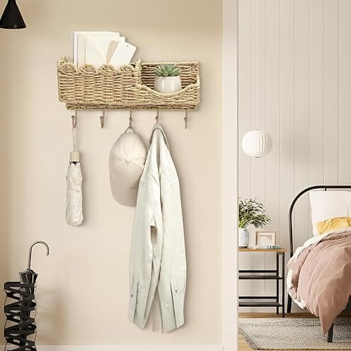 YINGXUN Hook-Woven Wicker Key Holder and Mail Organizer | Natural Paper Rattan Scalloped Wave Design Decorative Wall Mount for Entryway, Living Room, Hallway thumbnail 2