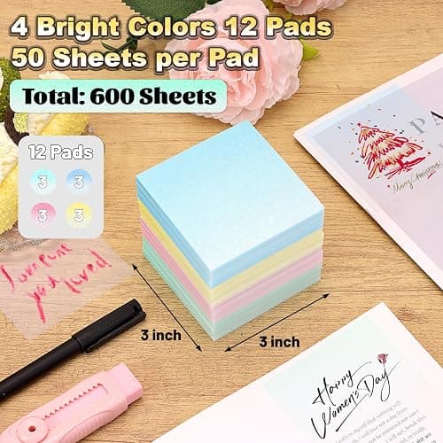 Transparent Glitter Sticky Notes 12 Pack, Sparkly Frosted Gradient 3x3 Inch, High Transparency Glass-Like Adhesive Clear Seee Through Sticky Notes for Women Office School Supplies (600 Sheets) thumbnail 2