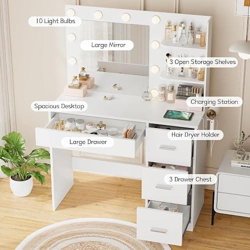 YESHOMY Vanity Desk with Mirror, 10 Lights, Power Outlet and 3 Storage Shelves, Makeup Table with 4 Drawers, 3 Color Modes, for Bedroom, White thumbnail 5