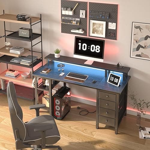 Lufeiya Black Gaming Desk with LED Lights and Power Outlets, 47 inch Computer Desk with Fabric Drawers and Storage Shelves, Home Office Desk with Monitor Stand, Black thumbnail 2