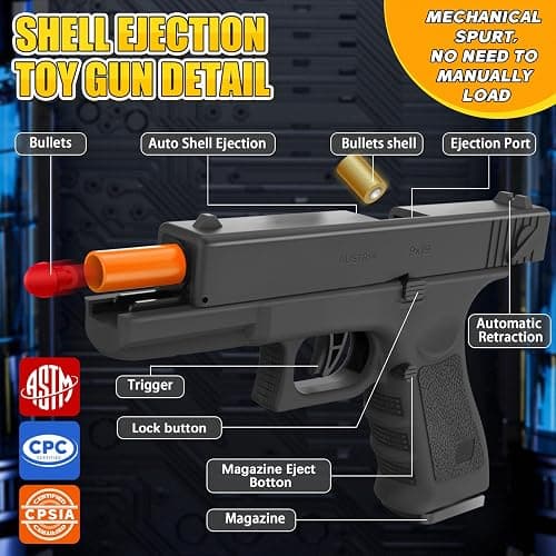 Soft Bullet Toy Gun with Shell Ejecting,Gun Fidget Toy with 100 Soft Bullets, 24 Shells and 2 Magazines,Education Toy Model,Christmas Birthday Gifts for Boys&Girls Kids Adults Age 8+(Black) thumbnail 3