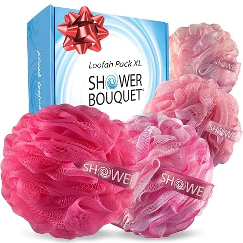 SHOWER BOUQUET Pink-Loofah Bath-Sponge XL 4-Pack // Extra Large 75g Soft Mesh Net Pink Loofa Loufa Luffa Lufa Puff Set/Exfoliating Body Scrubber for Women and Men - Exfoliate & Soothe Face & Body - Image 1