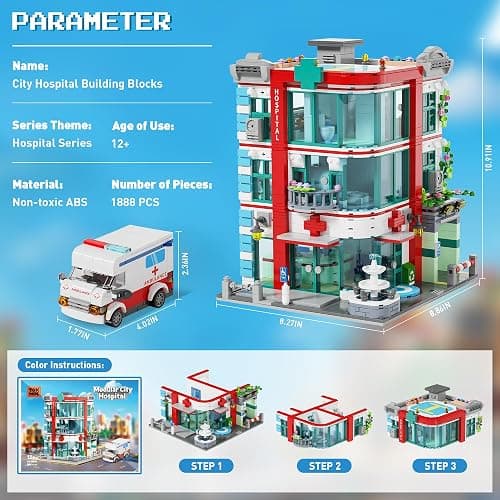 LuxRebuty City Hospital Building Block Set, Architecture Building Set for Adults with Ambulance, Miniature Hospital World, Detailed Craftsmanship & Immersive Roleplay for Collectors & Gifts, 1888Pcs thumbnail 6