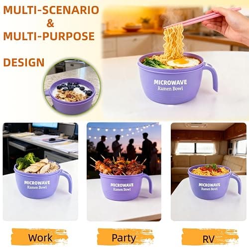 Layron Ramen Cooker Bowl - 45 oz Microwaveable Noodle Bowl Ramen in few Minutes- BPA Free and Dishwasher Safe Set with Chopsticks Perfect for Dorm, Small Kitchen, or Officee (purple) thumbnail 5