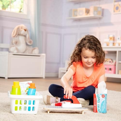 Melissa & Doug Laundry Basket Play Set with Wooden Iron, Ironing Board, and Accessories (14 Pcs) Pretend Play Laundry Set for Kids with Iron thumbnail 2