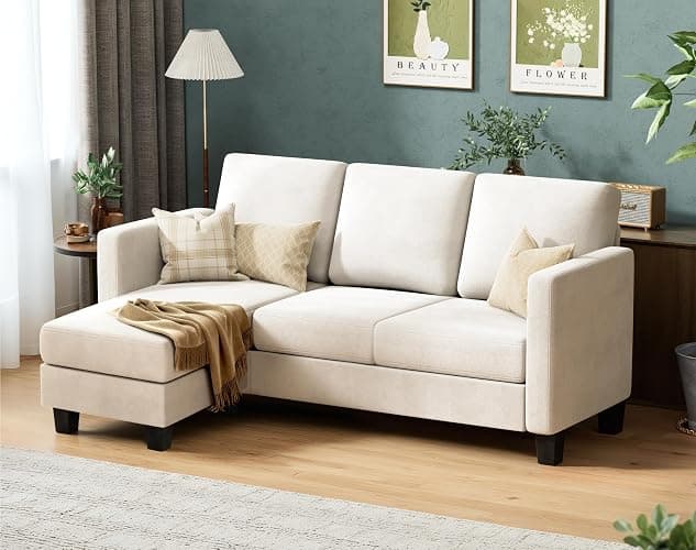 VICTONE Convertible Sectional Sofa Couch, 3 Seat L-Shaped Sofa with Linen Fabric Ottoman Small Couch for Small Apartments, Living Room and Office (Linen Fabric, White) thumbnail 4