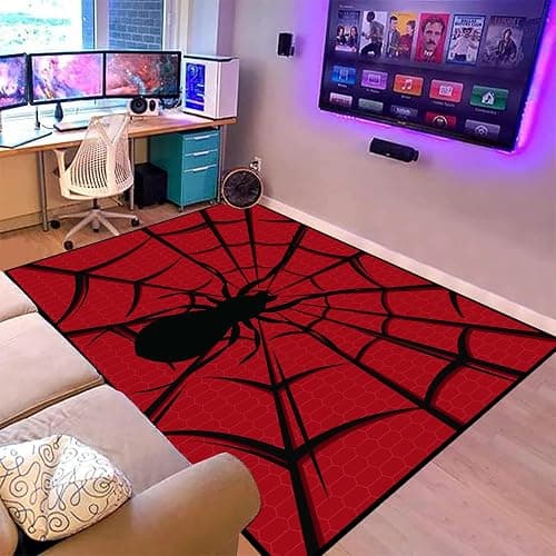 LHOMKCV 3D Spider Gaming Rug, 80x150cm, Cool Black Spider Web Large Rugs Living Room, Illusion Room Decor Washable Red Carpets Non Slip Door Mat Dust Trapper Water Absorbent Accent Carpets - Image 1