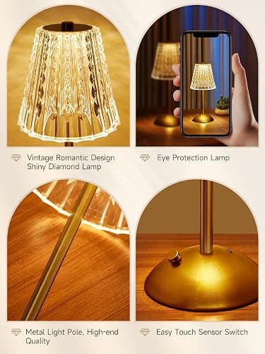 Valentines Gifts, Cordless Lamp, Crystal+Dimmable+3 Colors Rechargeable Lamp, Touch+2000mAh Battery Operated Vintage Ambient Light for Kitchen/Bedroom/Bathroom Shower, College Gifts for Teenage Girls thumbnail 7