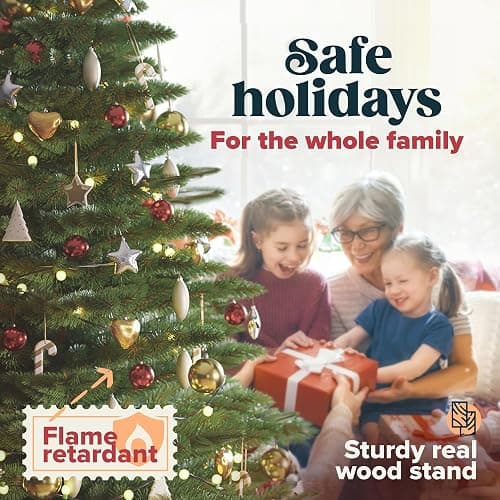 Artificial Christmas Tree 8.2ft Unlit Premium Realistic Christmas Tree with Crafted Needles Look Real, Storage Bag & Wooden Foldable Base Stand Included - Xmas Unlit Hinged Spruce Green Holiday Decor thumbnail 5