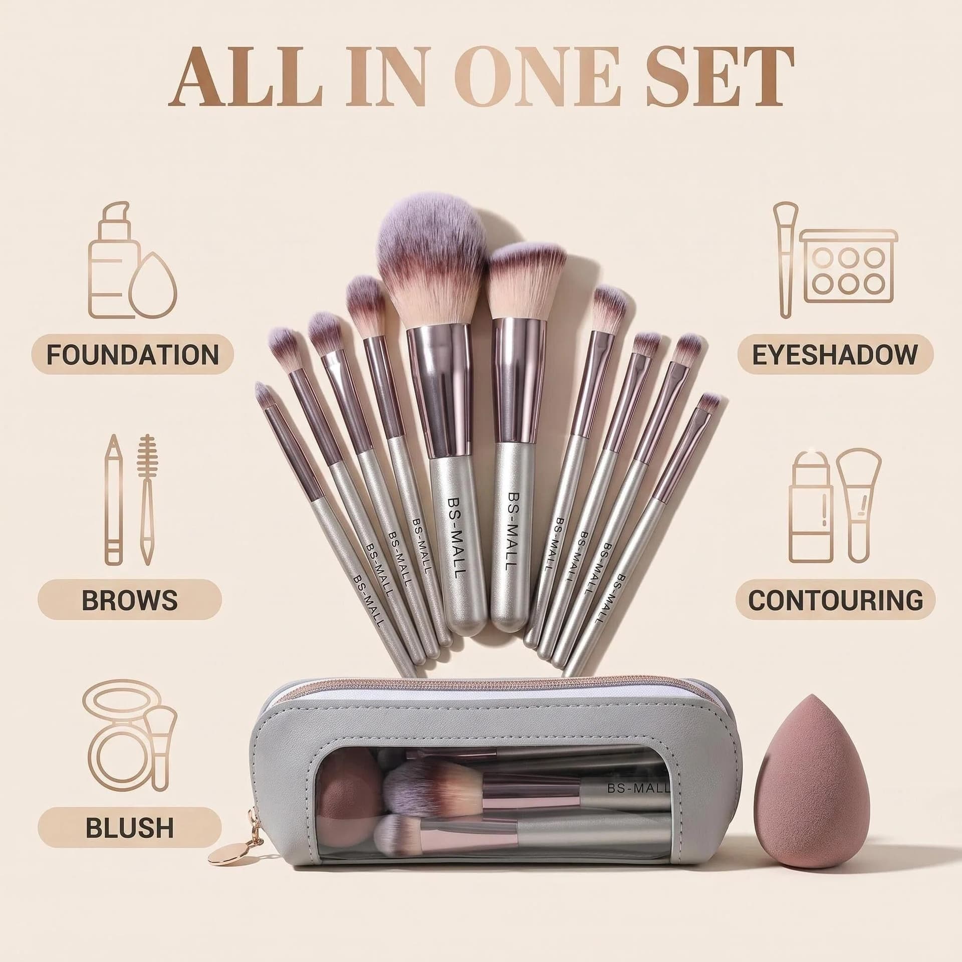 BS-MALL 14 Pcs Makeup Brushes Set with 1 Pcs Makeup Sponge – Essential Foundation Powder Concealers, Eye Shadows, Blush Makeup Brushes with Travel Makeup Case (Champagne) | Soft Synthetic Brush Kit for Women Beginners & Travelers & Eyeshadow thumbnail 4