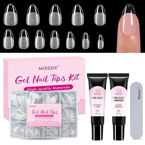 Misssix Short Almond Gel Nail Kit, 216Pcs Pre Etched Clear Fake Nail Tips | Full Cover Soft Acrylic False Nail with Nail Glue and Nail Glue Remover for Women 12 Sizes - Image 1
