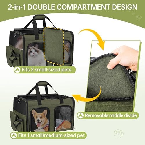 Cat Carrier for 2 Cats Double Pet Carrier Extra Large Green 2026 Upgraded | Dual Cabin with Removable Divider, Collapsible for Multi Cat Travel, Can Hold 20 30 40 lbs for Two Small Kitten, a Medium Dog thumbnail 2