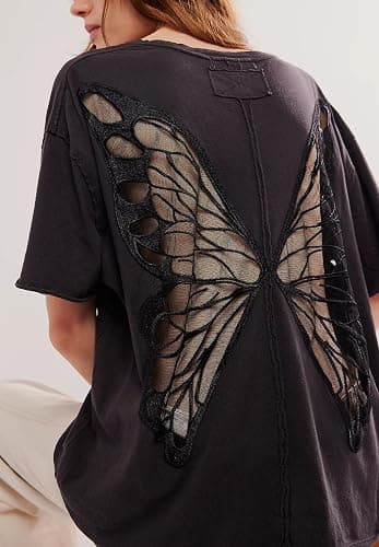 NUFIWI Women Y2K Short Sleeve Butterfly Tops Overzied Patchwork Cutout Back Tshirts Preppy Backless See Through Kawaii Shirts thumbnail 4