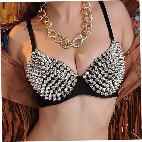 1PC Studded Bra Punk Dancing Performance Silver Metallic Rivets Spiked Bra with Adjustable Strap, for Club Party, Drance Wear, Carnival... thumbnail 4