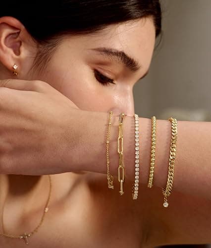 DEARMAY 14K Gold Plated Bracelets for Women, Jewelry Sets Cute Tennis Beaded Bracelets Cuban Link Paperclip Chain Dainty Bracelet Pack Gifts thumbnail 6