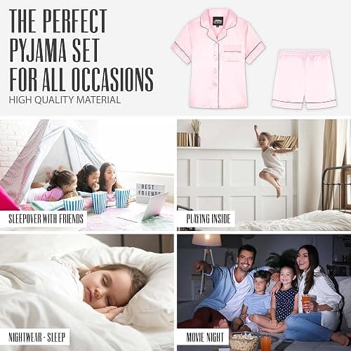 CityComfort Girls Pyjamas for Kids & Teenagers Summer Nightwear Sets Button Down Satin Short PJs Breathable Soft Loungewear Short Sleeved Jammies for Girls - 15-16 Years - Pink thumbnail 5