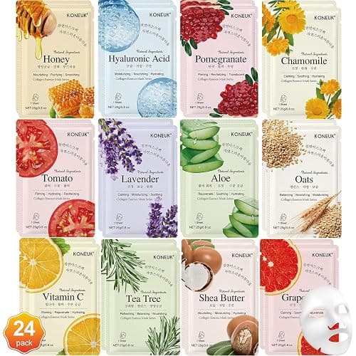KONEUK 24 Pack Sheet Face Masks Skincare for Women, Hydrating Collagen Essence Face Masks Suitable for All Skin Types, Face Mask Gifts Set for Spa Party, Bulk Facial Masks for Women Skin Care - Image 1