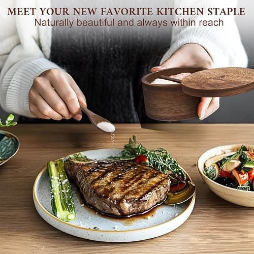 Vorisebo Acacia Wood Salt Container with Built-in Spoon, Elegant Salt Holder with Magnetic Swivel Lid, Salt Box for Kitchen to Storage Pepper, Spice or Favorite Seasonings, 5OZ (Two Compartments) thumbnail 5