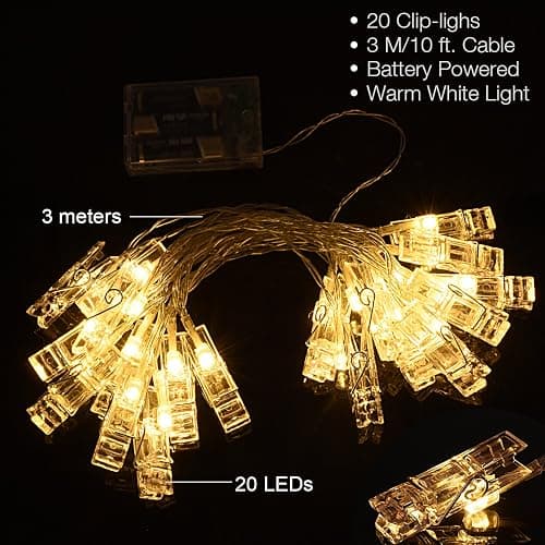 AOSTAR Photos Clips String Lights 20 LED Battery Operated Fairy String Lights for Bedroom Hanging Photos, Room Decor for Teen Girls, Thanksgiving Christmas Wedding Decorations(10FT Warm White) thumbnail 4