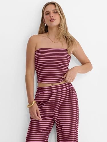 ANRABESS Women 2 Piece Sets Summer Striped Outfits Matching Tube Top Wide Leg Lounge Pants 2026 Travel Beach Vacation Clothes thumbnail 2