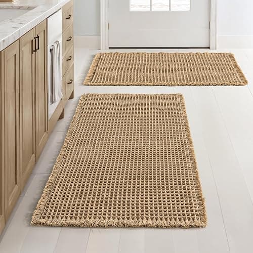 MIULEE Set of 2 Waffle Bathroom Rugs, Boho Bath Rugs Non Slip Washable, Super Absorbent Bath Mats, Ultra Soft Rubber Backed Shower Mats for Bathroom Floor, Tub and Shower, Brown, 18x30 Inch - Image 1