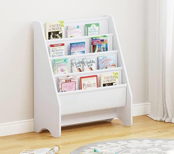 UTEX Kids Bookshelf Storage, Book Shelf for Kids Rooms, 4 Tier Sling Toddler Bookshelf, Magazine Book Rack, Children Book Organizer, White - Image 1