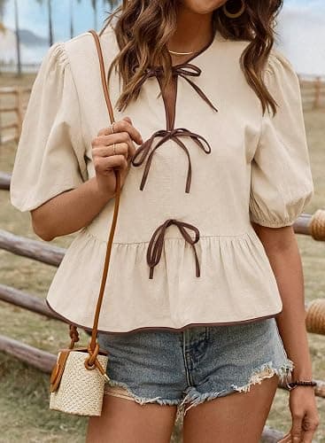 Falechay Womens Summer Tops Bowknot Puff Short Sleeve Blouses Dressy Casual Cute Babydoll Flowy Peplum Shirt for Women thumbnail 4