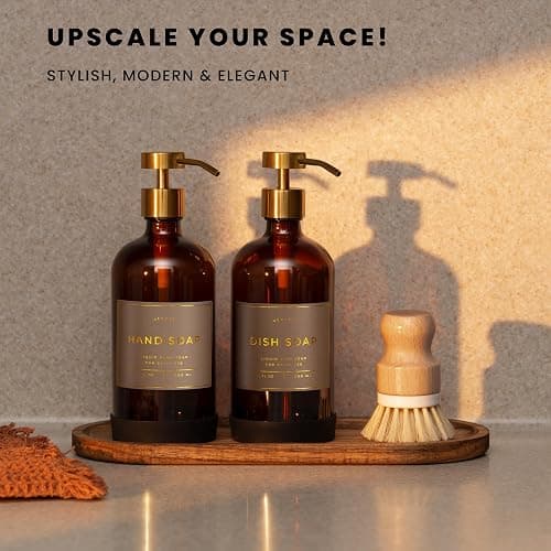 Hand and Dish Soap Dispenser for Kitchen and Bathroom, Set of 2 16 Oz Glass Bottles, Stainless Steel Pumps, Non-Slip Silicone Base, 27 Waterproof Labels (Amber Bottle/Brushed Gold Pump) thumbnail 2
