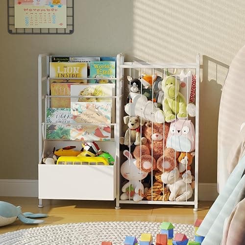 BBLIKE Kids Bookshelf and Stuffed Animal Storage - Multi-Function Nursery Book Shelves with Leather Toy Box and PVC Book Display, Toy Organizer for Playroom, Bedroom, Nursery, White thumbnail 2