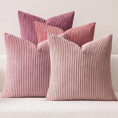 MIULEE Soft Corduroy Decorative Throw Pillow Covers Purple Pink 18x18 | Set of 4, Shabby Chic Romantic Decor, Pink Gradient Matching, Boho Farmhouse Cushion Covers for Couch Bed Sofa Living Room - Image 1
