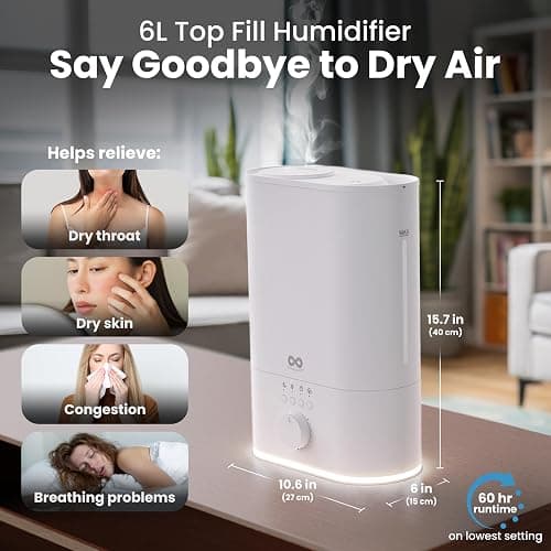 Everlasting Comfort 6L Humidifier Large Room, High Mist Output 60 HR Runtime Ultrasonic Top Fill Humidifiers for Bedroom, Easy to Use & Clean for Home, Baby Humidifier, Plants, Congestion, Indoor thumbnail 3