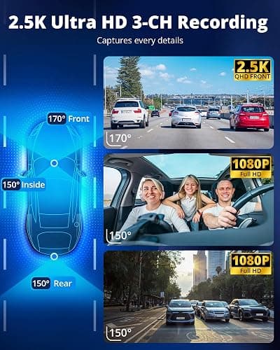 Dash Cam Front and Rear Inside, 3-Channel 2.5K FHD Dash Camera for Cars with 2" Screen, Wireless Dashcam with 5GHz WiFi, 64GB Card, Car Camera Front and Back, Auto IR Night Vision, HDR, G-Sensor thumbnail 3