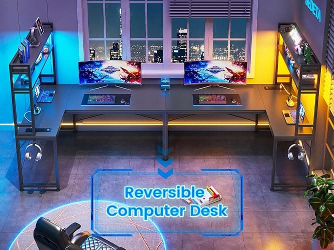 SEDETA L Shaped Gaming Desk, Reversible 45.3” Small Corner Desk with Power Outlet and LED Lights, Corner Gaming Desk with Storage Shelves, Hooks for Small Space, Black thumbnail 7