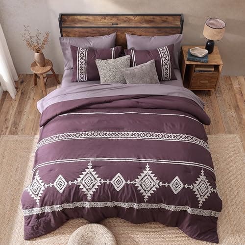 MaiRêve Embroidery Queen Size Comforter Set Purple, Boho Farmhouse Western Bedding Set 7 Pieces, All Season Bed in A Bag Comforter Set with Sheets, Pillowcases & Shams thumbnail 4