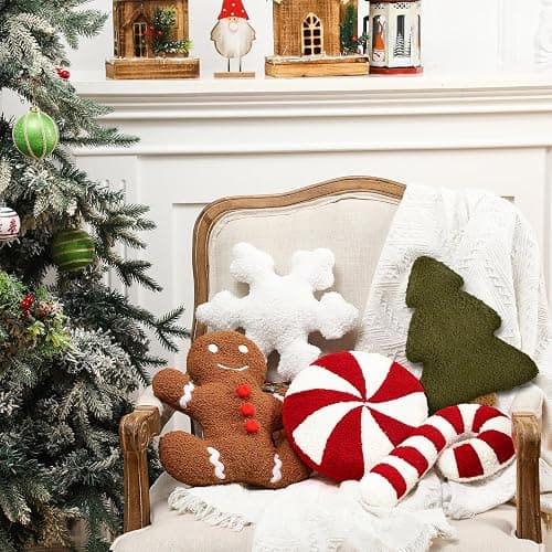 Memorywuu 5 Pcs Christmas Throw Pillows Xmas Tree Gingerbread Man Snowflake Pillow Stripe Candy Cane Peppermint Shape Cushion Stuffed Christmas Decoration for Home Sofa Bed Couch Party (Classic Color) thumbnail 6