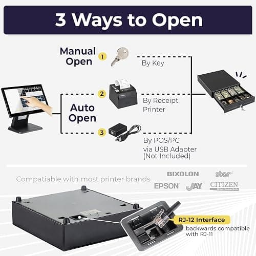 Volcora 13" Electronic Cash Register Drawer for Point of Sale (POS) System with 4 Bill 5 Coin Cash Tray, Removable Coin Compartment, 24V, RJ11/RJ12 Key-Lock, Media Slot, Black - for Small Businesses thumbnail 4