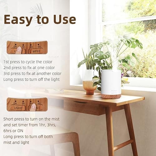 ASAKUKI Essential Oil Diffuser, Aromatherapy Cool Mist Home Humidifier with 7 LED Color Changing Light and Auto-Off Safety Switch, 6 Essential Oils Set, 300ml (Brown with Oils) thumbnail 3