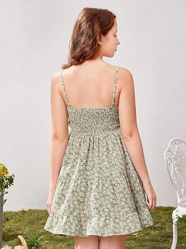 RoseSeek Girl's Summer Dress Floral Ruffle Hem Spaghetti Strap Ruched Bust Cami Short Dress Sundress - 16 Years - Light Green thumbnail 3