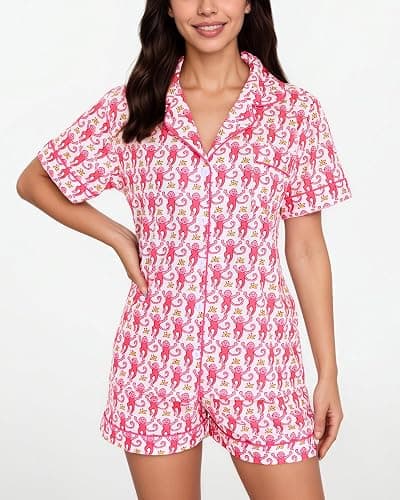 Zuafy Women's Pajamas Set Button Down Ladies Summer Pajamas Monkey Printed Sleepwear Short Sleeve 2 Pc Pjs for Birthday Gift thumbnail 2
