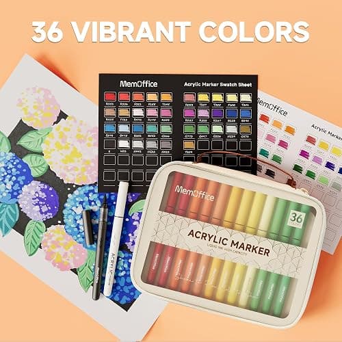 MemOffice Acrylic Paint Markers, 36 Colors, Brush Tip Paint Pens Set | High Opacity, No Bleed, For Rock, Fabric, Wood, Glass, 3D Printing, DIY Crafts, Water-Based, Waterproof thumbnail 6