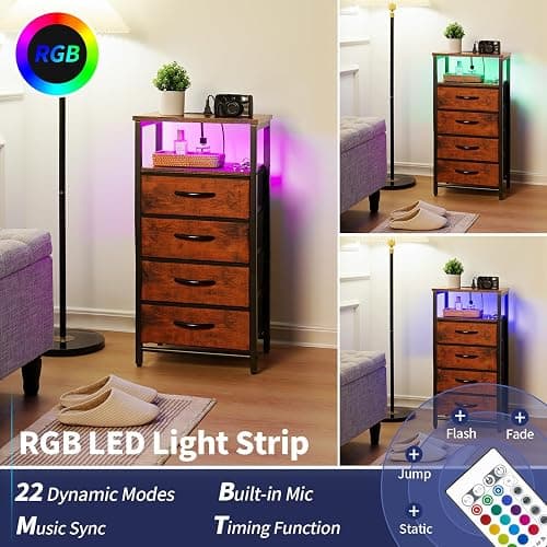 Yoobure Night Stand - LED Rustic Nightstand with Charging Station, Bedside Table with 4 Storage Drawers and Storage Shelf, End Table with USB Ports and Outlets thumbnail 4
