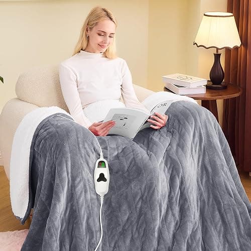 Heated Blanket Electric Blanket Throw,50“ x 60” Heating Blanket,Thick Warming Plush Electric Lap Sherpa Gifts for Women,Mom,Grandma with 5-Position Timer &10 Heating Levels,Grey thumbnail 2