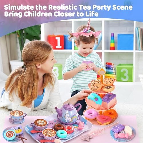 55Pcs Tea Party Set for Little Girls, Princess Tea Party Set, Unicorn Kid Tin Tea Set,Kids Kitchen Pretend Toy, Toddler Tea Party Set for Girl 3-5, Tea Party Set Christmas Birthday Gift for 4 Year Old thumbnail 2