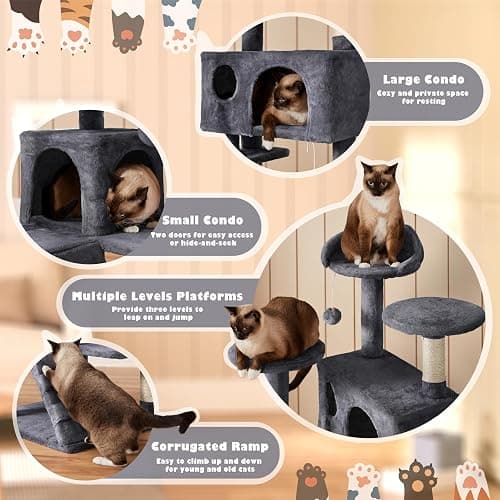 Yaheetech 54in Cat Tree, Multi-Level Cat Tower with Spacious Kitten-ear Perch, 2 Cozy Caves, Scratching Posts, Climbing Ladder, 2 Plush Balls, Durable Pet House Furniture for Indoor Kittens, Dark Gray thumbnail 4
