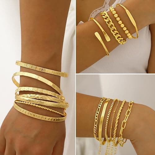 FAXHION 68 Pcs Gold Jewelry Set for Women with 7 Necklace, 17 Bracelet, 5 Hoop Earrings, 15 Stud Earrings, 24 Knuckle Rings for Women Jewelry Set for Women thumbnail 3
