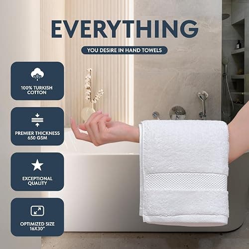 Luxury White Hand Towels - Soft 100% Turkish Cotton | Highly Absorbent Hotel spa Bathroom Towel Collection | 16x30 Inch | Set of 6 thumbnail 2