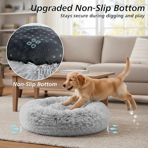JOLLYVOGUE Small Dog & Cat Beds for Indoor Cats, Donut Cuddler Warming Soft Dog Beds with Anti-Slip Bottom, Round Calming Fluffy Plush Faux Fur Cushion Bed for Small Medium Dogs (20", Smoke Grey) thumbnail 5